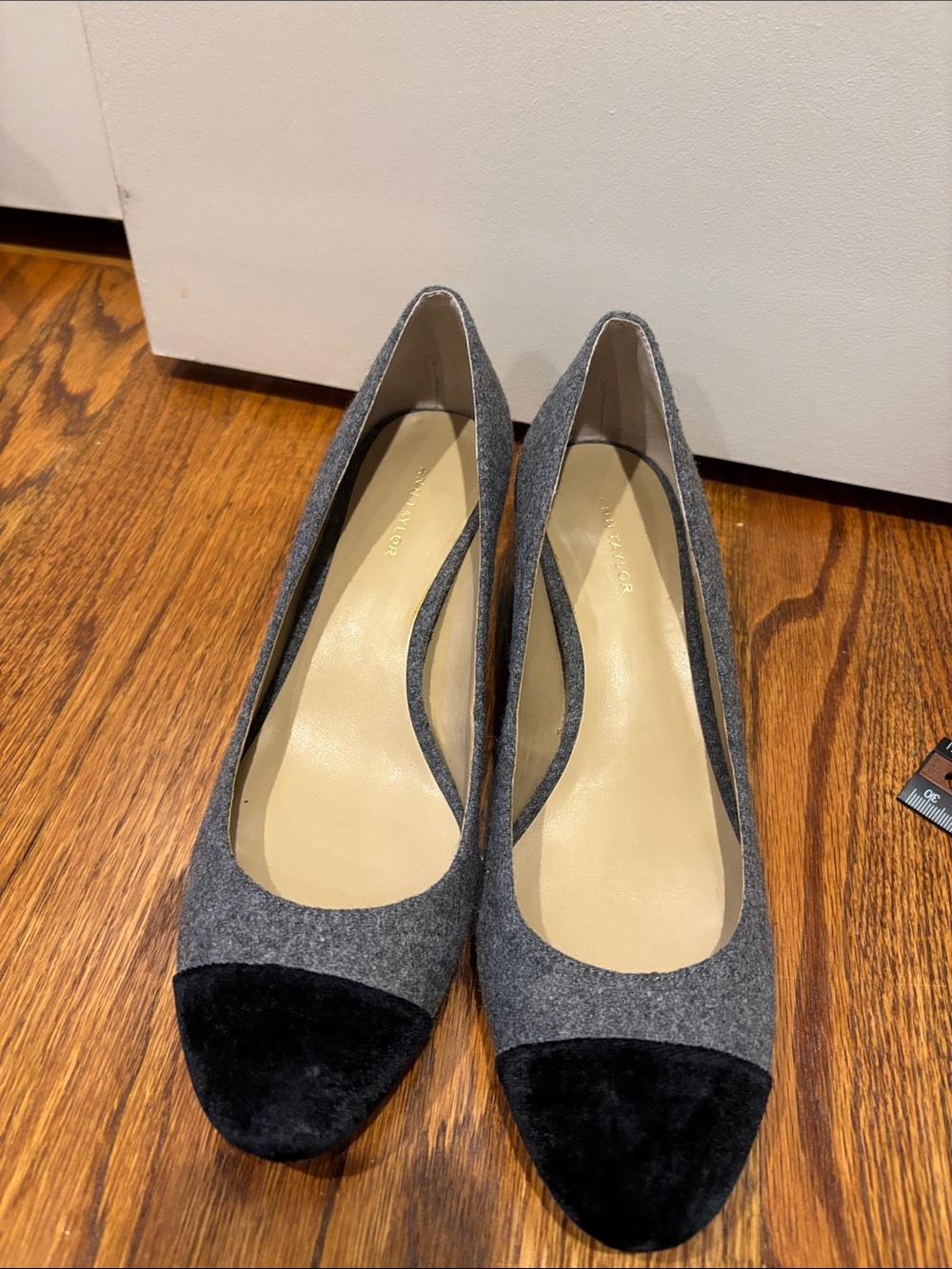 Ann Taylor Gray Felt Flats with Black Suede Cap Toe